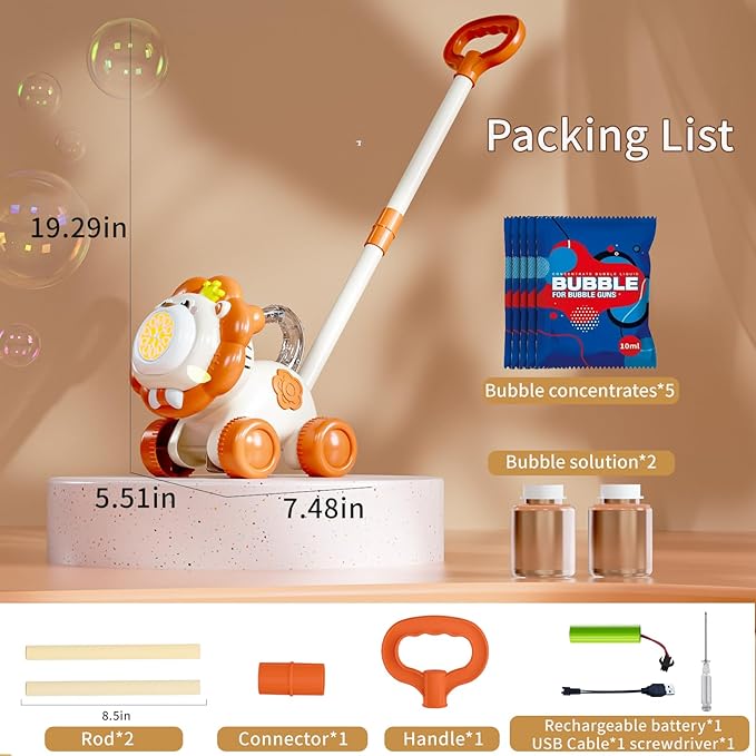 Lion Bubble Lawn Mower for Toddlers, Automatic Bubble Machine Maker for Kids, Summer Outdoor Yard Garden Activity Push Toys, Birthday Gift for Boys Girls 3 4 5 Year Old