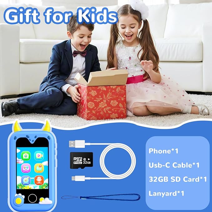 Kids Pretend Phone, Smart Phone Toys with Dual Camera - Christmas Birthday Gift for Boys Aged 3-12, Toddler Toys Play Phone with Music Player, Educational Learning Games with 32GB Memory Card, Blue