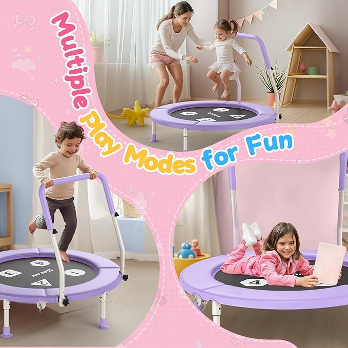 BCAN 36'' Toddler Trampoline, ASTM Certified-Foldable Mini Trampolines for Kids Ages 1-6, Adjustable Handle, Safety Pad & Foldable Legs, Baby Trampoline Indoor/Garden, Gift for Boy and Girl