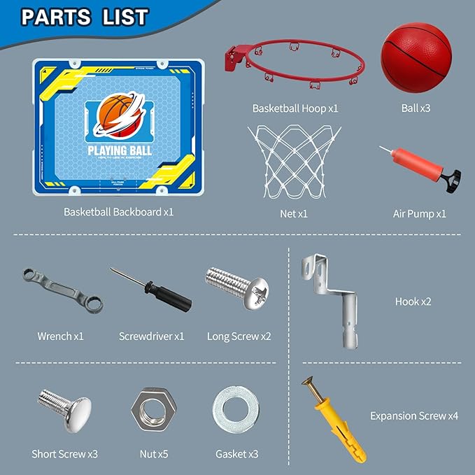 Indoor Mini Basketball Hoop - Over The Door Hoop for Bedroom & Office, Kids Boys Gift, Wall Mount & Door Hanging