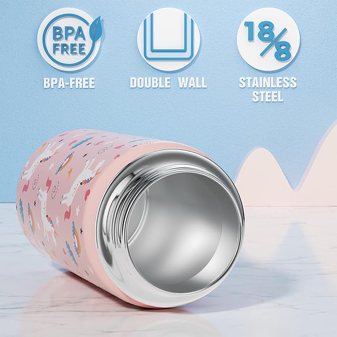 Fimibuke Kids Insulated Water Bottle, 14oz BPA FREE 18/8 Stainless Steel Travel Tumbler Double Wall Vacuum Leak Proof Kids Cup with Straw Metal Water Bottle for School Boys Girls(1 Pack, UNICORN)