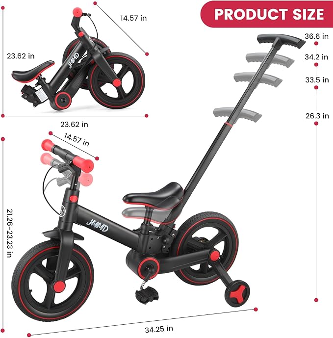JMMD Toddler Bike with Push Handle for Kids 18-60 Months, 6 in 1 Foldable Push Bike with Training Wheels, Pedals, Brakes, Kickstand, Kid Balance Bike Gift & Toys for Boy & Girl