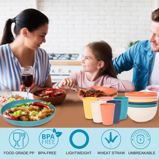 18pcs Wheat Straw Dinnerware Sets, Unbreakable dish Set Reusable Plates, Bowls, and Cups Set dishes Dishwasher Microwave Safe for Kitchen Outdoor Travel Camping (Light Macron)