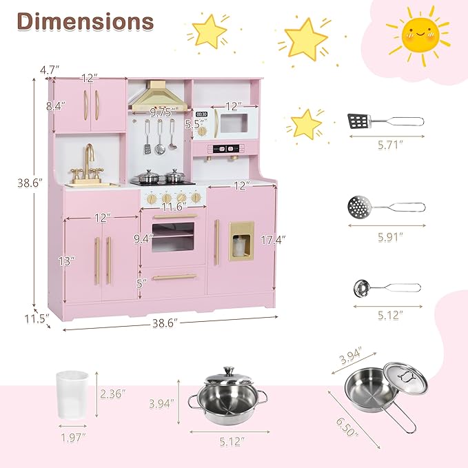 Kids Kitchen Playset, Wooden Play Kitchen with Toy Storage System, Pretend Play Kitchen Set Toy with Range Hood, Ice Maker & Coffee Maker, for Kids Ages 3+, Pink