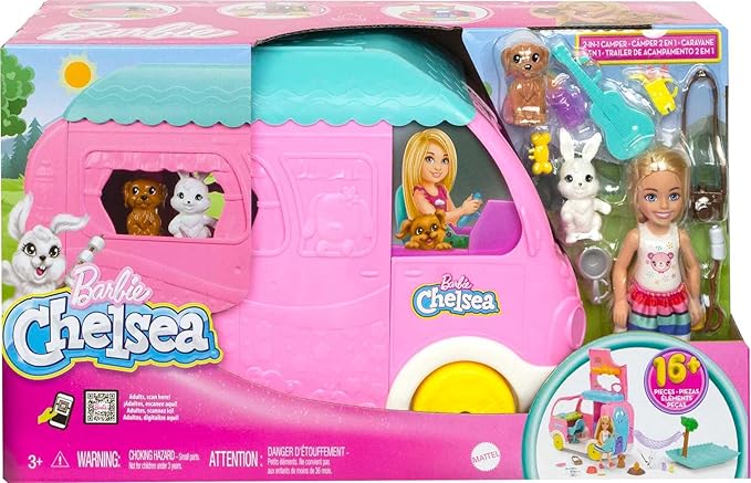 Barbie Camper, Chelsea 2-in-1 Playset with Small Doll, 2 Pets & 15 Accessories, Vehicle Transforms into Camp Site (Amazon Exclusive)