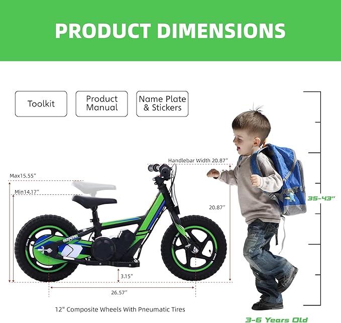 OLALA Electric Dirt Bike for Kids Aged 3-6, 170W Racing Grade Electric Motorcycle, New Aluminum Frame with 2 Power Modes, 24V Detachable Battery, 12IN Knobby Tires