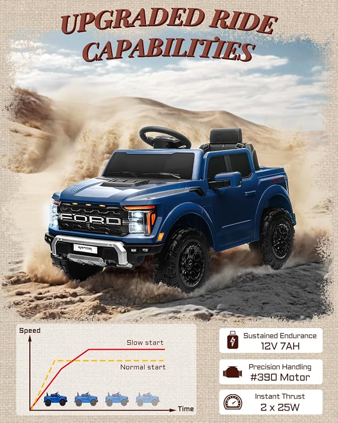 First Ride On 12V Electric Car for Kids, Licensed Ford F-150 Raptor Toddler Ride on Toys with Remote Control, Kids Ride on Truck with Smooth Start, Truck Bed Storage, Bluetooth (Blue)