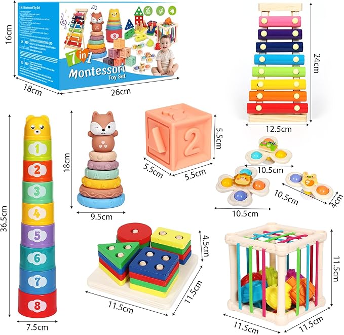 Baby Toys 18-36 Months, Montessori 7-in-1 Activity Set - Stacking Blocks, Infant Teething Toy & Sensory Bin, Baby Boys & Girls Gifts