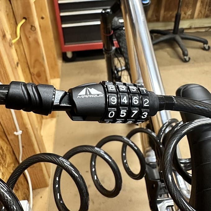 MARQUE Combination Bike Lock Cable- 3/8 inch (5FT, 10FT, 15FT, 25FT) Resettable Combination Lock, Anti-Theft Coiled Secutiry Cable for Bicycles, Kayaks, Paddle Boards, Gates and Outdoor Gear (10 FT)