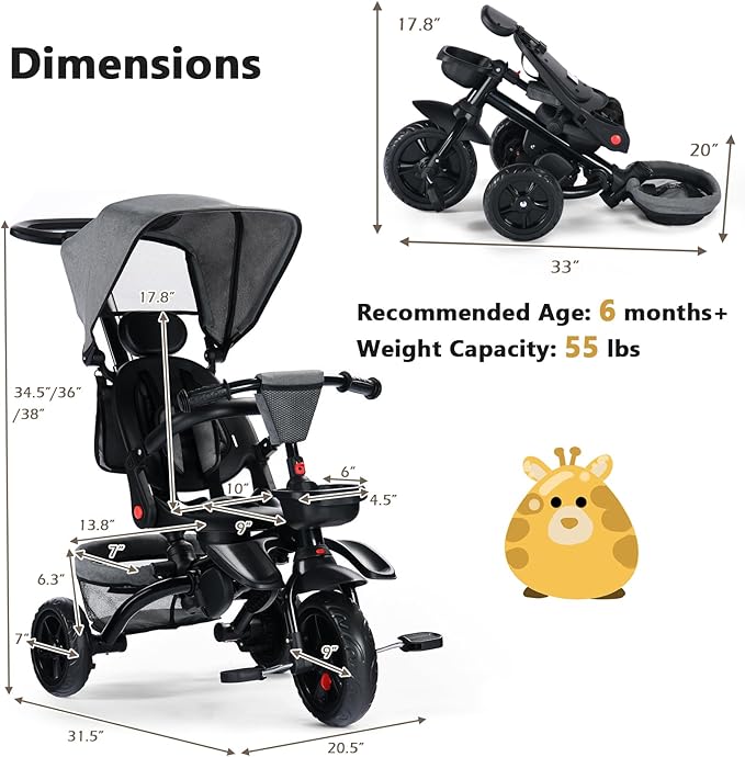 Kinder King Kids Tricycle, 7 in 1 Folding Toddler Trike w/Adjustable Push Handle, Rotatable Seat, Adjustable Canopy, Safety Harness, Storage, Toddler Stroller Bike for Age 6 Months+,Grey