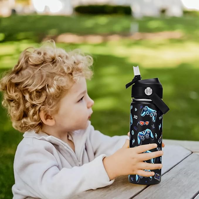 18oz Kids Insulated Water Bottle with Straw Lid - 18/8 Stainless Steel Kid Cup BPA-FREE Travel Tumbler Double Wall Vacuum Leak Proof Portable Toddler Water Bottle (Game)