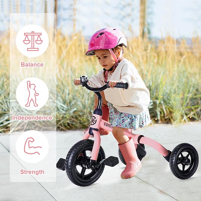 YGJT 3 in 1 Tricycle for Toddlers Age 2-5 Years Old, Folding Kids Balance Bike with Adjustable Seat and Removable Pedal, Toddler Bike Ride-on Toys for Infant, Gifts for Baby Girls Birthday(Pink)