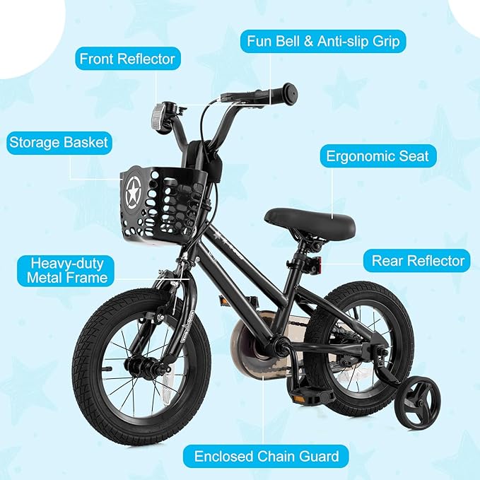 BABY JOY Starry Kids Bike, 12 14 16 18 Inch Bicycle with Training Wheels, Storage Basket, Adjustable Handlebar & Seat, Handbrake & Coaster Brake, Girls Boys Bike