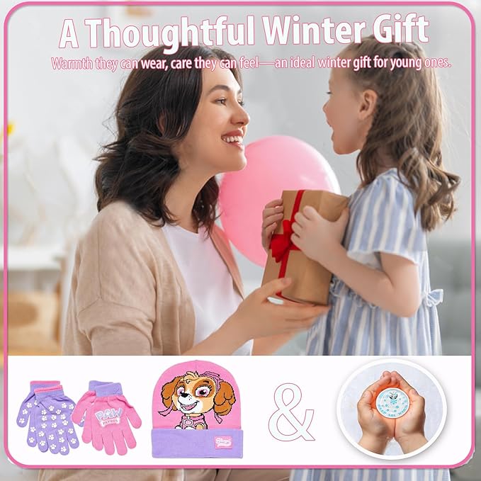 Nicklelodeon Paw Patrol Girls Winter Hat and 2 Pair Mittens or Gloves (Age 2-7), Size Age 4-7, Paw Patrol Reversible Glove with Handwarmers