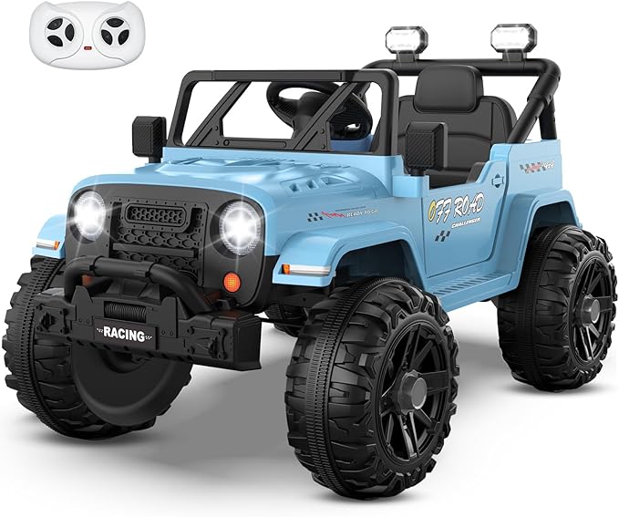 12V Ride On Truck Car with Remote Control, Kids Electric Vehicles with Bluetooth Music, Horn, 3 Speeds, 4 LED Lights, Soft Start, Ride on Toys for Toddler Boys & Girls (Blue)