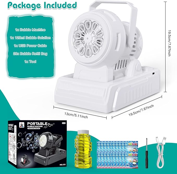 Panamalar Bubble Machine Adjustable Angle, 10 Big Holes Automatic Bubble Blower for Kids 20000+ Big Bubbles with Solution/Lights, Portable Outdoor Bubble Maker Toys for Garden Party Wedding-White