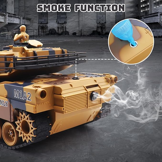 1:18 Scale Remote Control Army Tank - US M1A2 Battle RC Tank Model Toys for Adults - 15 Channel Full Function Military Toy with 360 Degree Rotating Turret Smoke Light Sound
