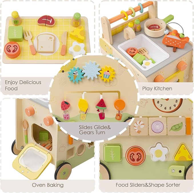 Wooden Baby Walker 3-in-1 Push Toy for Toddlers, Montessori Sensory Activity Center with Pretend Kitchen, Adjustable Speed Learning Walker, Safe Wooden Toy, Ideal Gift for Boys and Girls
