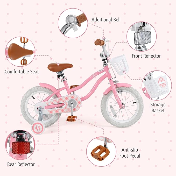 BABY JOY Kids Bike, 12 14 16 18 20 Inch Boys Girls Bike w/Adjustable Seat, Removable Basket, Handbrake & Coaster Brake, Training Wheels or Kickstand, Kids Bicycle with Multi-Color