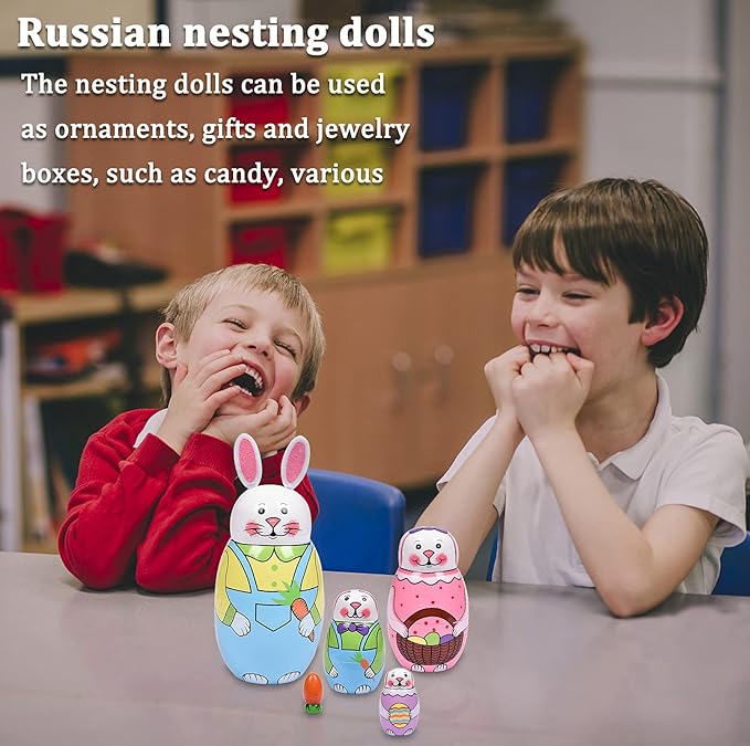 Nesting Dolls, Nesting Easter Eggs Toys, Wooden Handmade Matryoshka Dolls for Kids Birthday or Home Decoration (Small Rabbits)