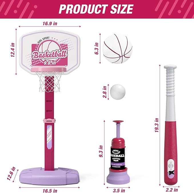 2 in 1 Kids Basketball Hoop and T Ball Set - Adjustable Height, Kids Baseball Tee with Automatic Pitching Machine, Indoor Outdoor Sport Toys Gifts for Toddler Boys Girls Age 1-5, Pink
