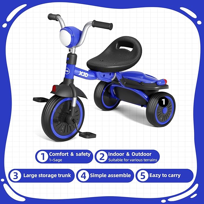 XJD Toddler Tricycle, Foldable Toddler Bike with Pedals, Tricycle for 2-5 Year Olds, Adjustable Comfortable Seat, Birthday Gifts for 1-5 Years Old Boys and Girls (Blue)