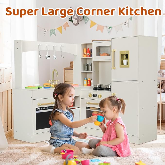 Arlopu Corner Wooden Play Kitchen with Lights & Sounds, Ultimate Pretend Cooking Toy Playset w/Utensils, Oven, Microwave, Stove, Water Dispenser (Beige)