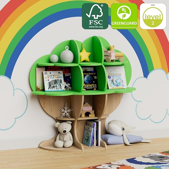 Light Green Tree Kids Bookshelf Toddler Bookcase 4-Tier Baby Book Rack Children Toy Storage Organizer Forest Wood Display Shelf Nursery Playroom Bedroom Classroom School Homeschooling Boy Girl’s Gift