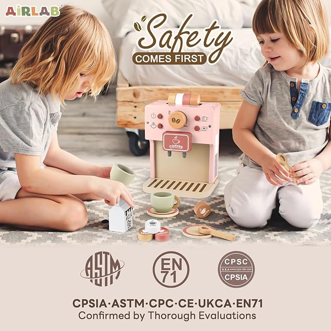 Airlab Kids Coffee Playset Toy Coffee Maker Set for Toddler Wooden Kitchen Accessories Pretend Play for Girls Boys Ages Birthday Gifts Pink