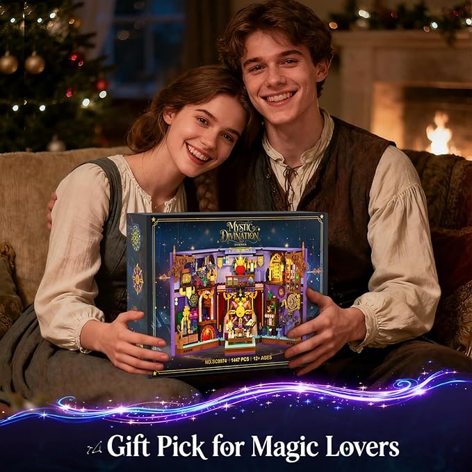 Upgraded Mystic Divination Book Nook Building Set with Rechargeable Lights, 1447 PCS DIY Magic Booknook Building Block Kit Home Decor, Miniature Book House Model Gift for Adults Boys Girls 12+