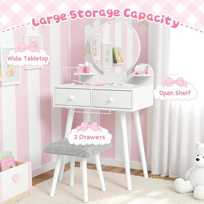 Arlopu Kids Vanity Table and Chair Set, 2 in 1 Toddler Makeup Dressing Desk with Detachable Large Mirror and Stool, Drawers, Princess Wooden Pretend Play Toys for Little Girls (White)