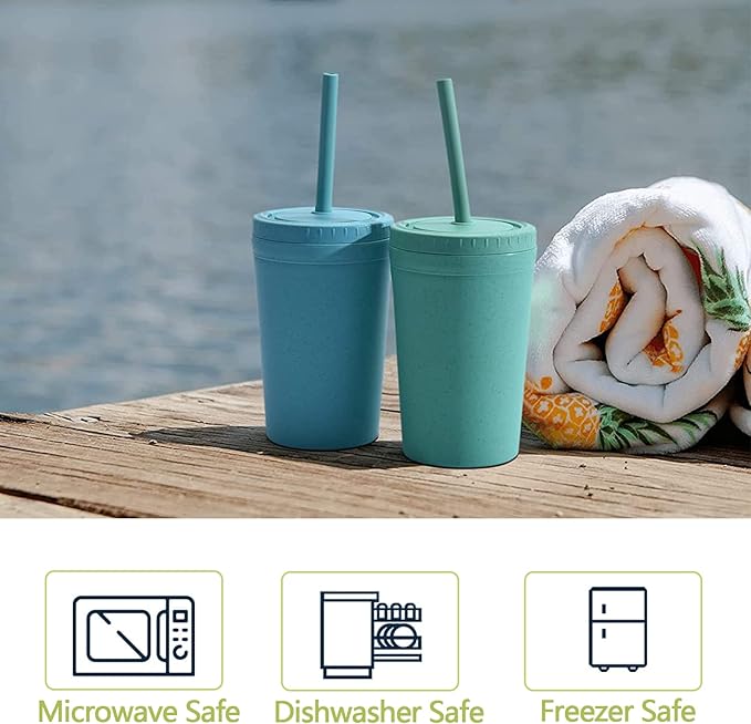 Homestockplus Reusable Wheat Straw Cups with Lid and Straws, 10 Oz Chip Resistant Drinking Cups, Small Water Cups with Silicone Straws - BPA Free Dishwasher Safe for Milk, Drinks, Smoothies