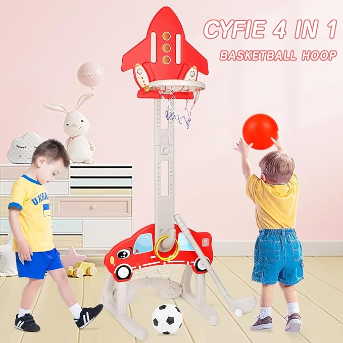 CYFIE Kids Basketball Hoop Toys with Football, Golf, Ring Toss, 4-in-1 Adjustable Height Toddler Activity Center Set for Girls Boys Sports Gifts Indoor Outdoor (Red)