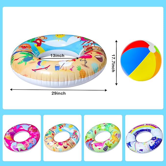 Parentswell 6PCS Big Pool Floats Tubes: Inflatable Pool Floats Swimming Rings with Beach Balls - Brightly Colored Pool Floaties Party Toys, Pool Toys for Kids Adults