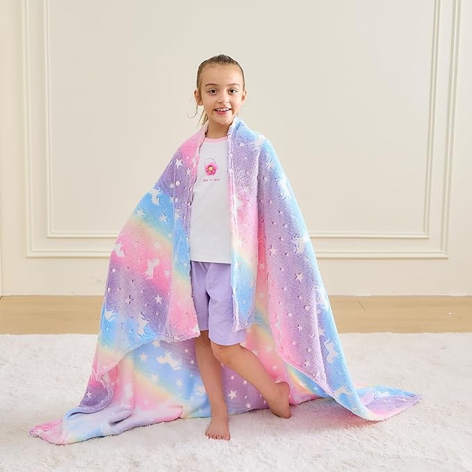 Wajade Unicorn Gifts for Girls - Glow in The Dark Unicorn Blanket Birthday Christmas Decor for Kids Age 3 4 5 6 7 8 9 10 11 12 Years Old Teens Child Toddler Throw Rainbow 50"x60"
