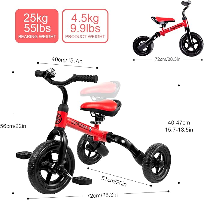 YGJT 3 in 1 Tricycle for Toddlers Age 2-5 Years Old, Folding Kids Balance Bike with Adjustable Seat and Removable Pedal, Toddler Bike Ride-on Toys for Infant, Gifts for Baby Boys Girls Birthday(Red)