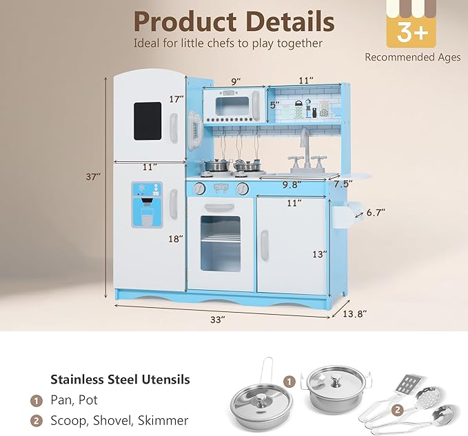 Kinder King Wooden Kids Play Kitchen, Toy Kitchen Playset for Toddler, Pretend Oven, Microwave, Telephone, Chalkboard, Interactive Doors, Knobs, Realistic Kitchen Sets for Boys Girls Age 3+, Blue