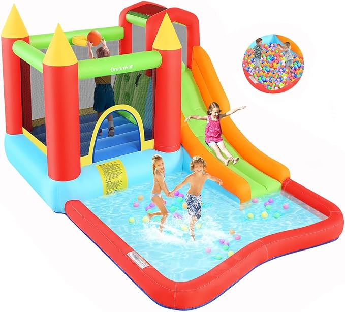 Inflatable Bounce House, Kids Bouncy House Slide with Blower, Long Slide, Fun Pool/Ball Pit, Climbing Wall, Basketball Rim, Outdoor Backyard Jumping Castle Bounce House for Kids 3-10 Years