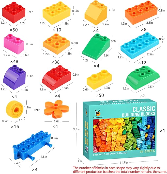 Cutedeer 258 Piece Classic Big Building Blocks Set for Kids Toddlers Compatible with All Major Brands, Large Building Bricks STEM Toys with Gift Box for All Ages Boys Girls