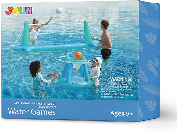 JOYIN XL Inflatable Pool Float Set, 125'' Volleyball Net & Basketball Hoops, Extra Large Floating Swimming Game Toy for Kids and Adults, Summer Floaties, Volleyball Court|Basketball, XL-Blue, Cyan