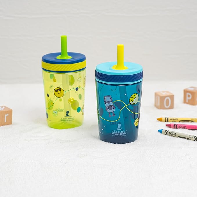 Zak Designs Kelso Toddler Tumblers Benefiting St. Jude, For Travel or At Home, 15oz 2-Pack Durable Plastic Sippy Cups With Leak-Proof Design is Perfect For Kids (Space and Smiles)