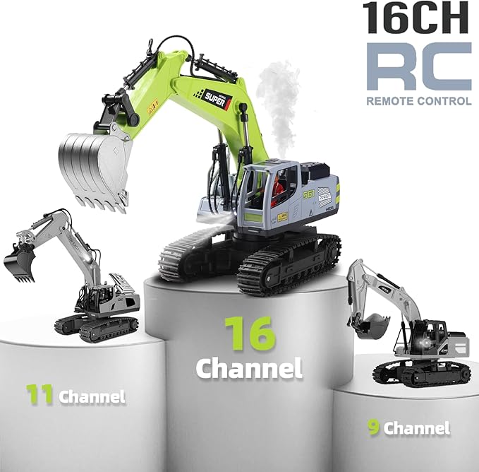 Remote Control Excavator Toys for Boys,16 Channel Dual Speed Control RC Excavator Construction Toys with Metal Shovel & Light,Simulated Smoke,Christmas Birthday Gift Toy for Boys Kids