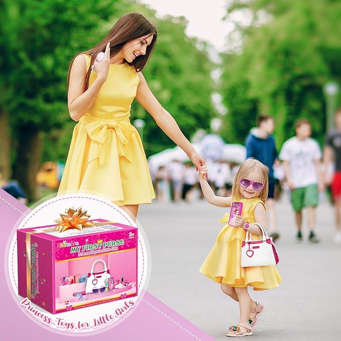 Shemira Play Purse for Little Girls, Princess Pretend Toys for Kids 3 4 5 6 7 8 Years Old, Christmas & Birthday Gift for Girls Age 3-5 4-6 6-8, Toddler Purse with Accessories, Kids Toy Purse, White