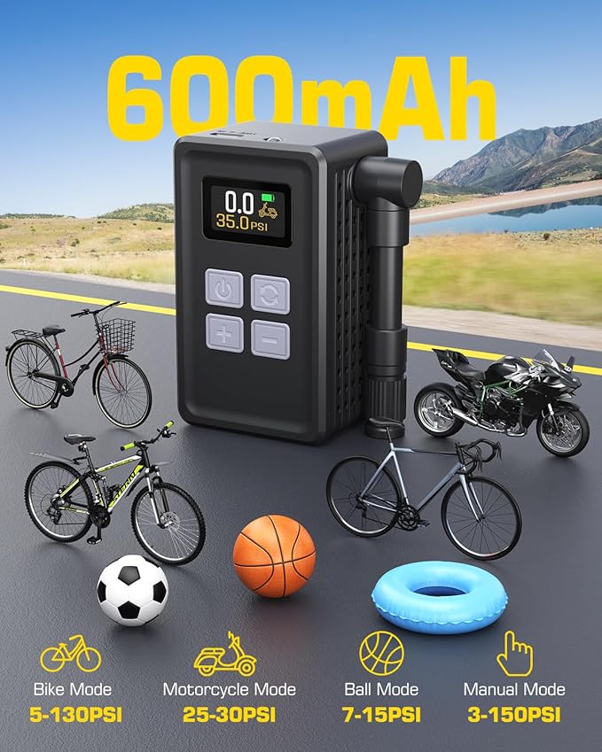 Mini Electric Bike Pump, 29s Fast Inflation, 150PSI Portable Bike Air Pump with Pressure Gauge, Presta and Schrader Valves, Suitable for Road Bikes, Mountain Bikes, Motorcycles, and Balls