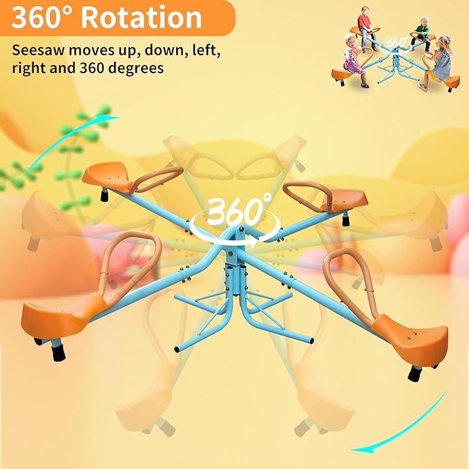 4-Seat Spinning Seesaw for Kids Outdoor - Heavy Duty Stainless Steel Teeter Totter, Backyard Playground Equipment Ages 3-8, Multi-Color Swivel Base (72"x72")