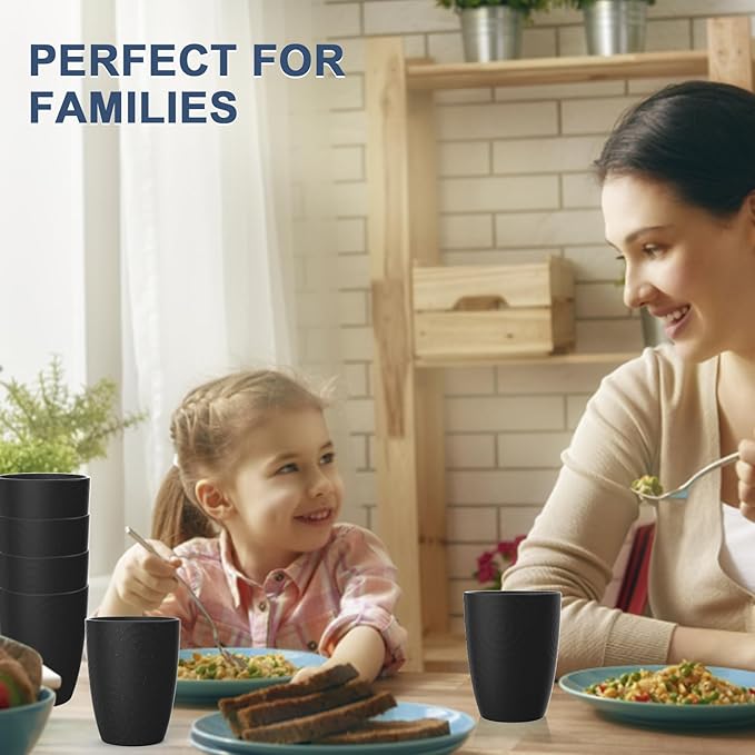 Wheat Straw Cups 6 PCS Good Alternative to Plastic Reusable Cups 12 oz Unbreakable Drinking Cup Reusable Dishwasher Safe Water Plastic Glasses Black