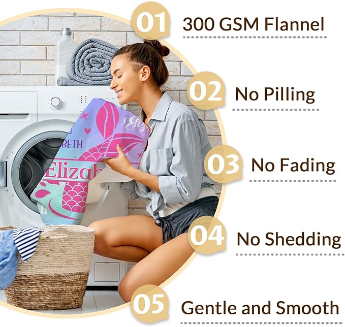 Personalized Mermaid Blankets for Kids Teens Adults, Girls Women Throw Blanket Gifts for Mermaid Lovers, Custom Name Soft Warm Flannel Monogram Blankets Decor for Bed Couch Sofa Home Room