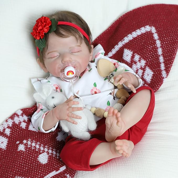 SCOM 20 Inch Realistic Reborn Baby Doll, Lifelike Newborn Sleeping Girl, Soft Cloth Body & Vinyl Limbs, Gift Feeding Set & Gift Box, Safe Toy for Kids 3+ / Companionship Doll