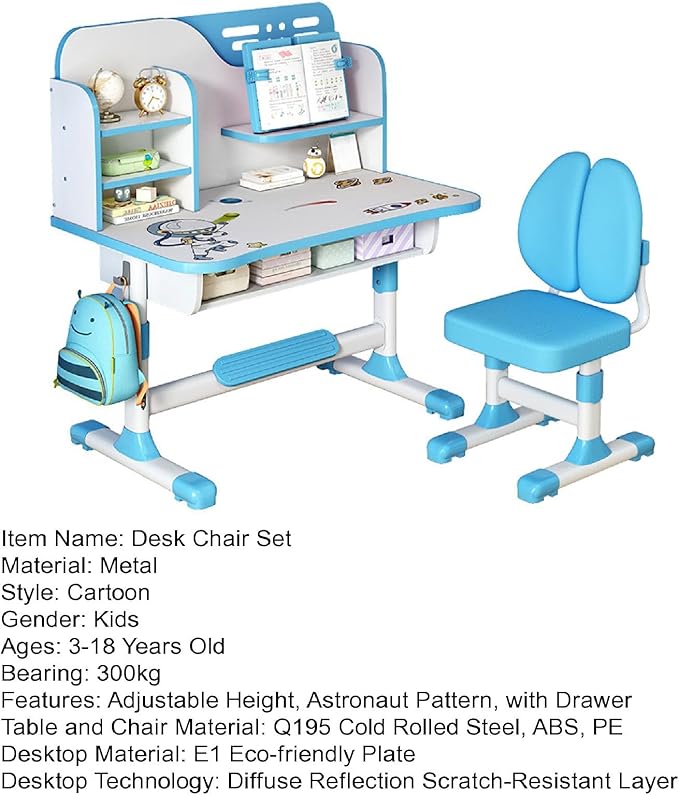 Upgraded Kid's Desk and Chair Set, Adjustable Children's Study Table with Bookshelf and Storage Drawer, 50-Degree Tiltable Desktop with Chair for Bedroom (Blue 111cm)