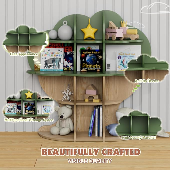 Green Tree Kids Bookshelf Toddler Bookcase 4-Tier Baby Book Rack Children Toy Storage Organizer Forest Wood Display Shelf for Nursery Playroom Bedroom Classroom School Homeschooling Boy Girl’s Gift